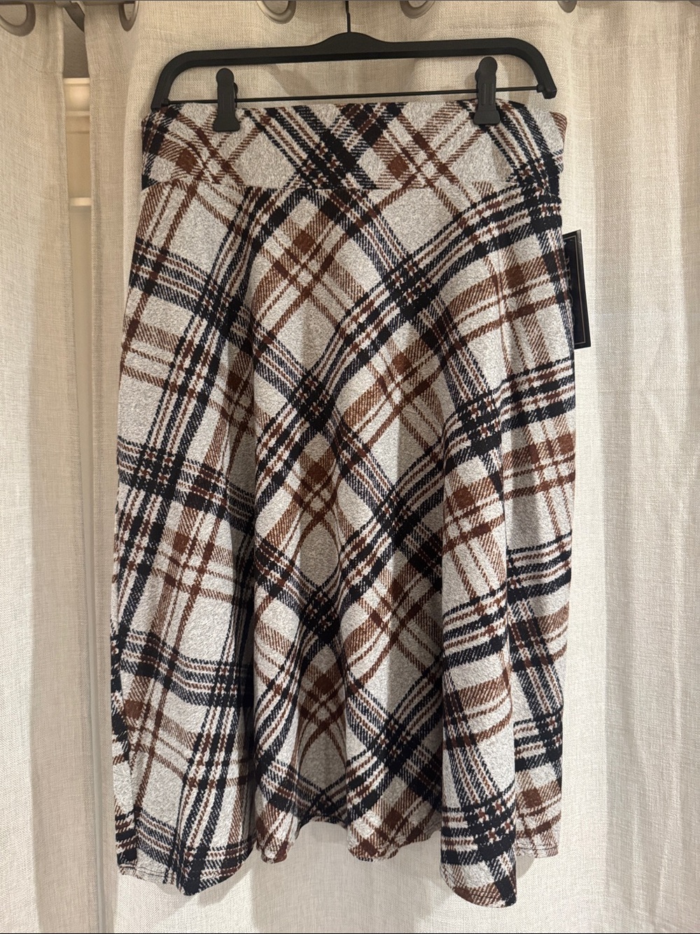 Plaid A-Line Midi Skirt in Cream, Brown & Black
